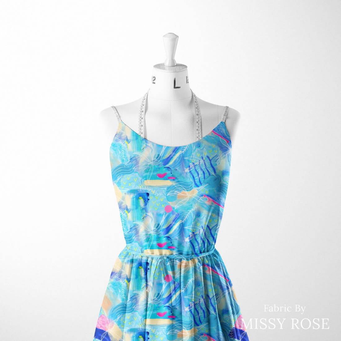 Girl and The Deep Blue Sea 90 sewn into a women's dress - see how the print looks made up | Fabric by Missy Rose