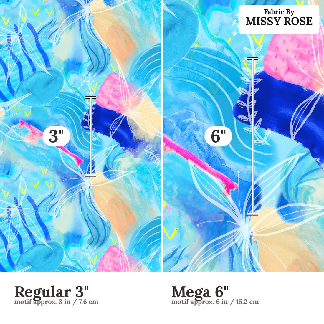 Girl and The Deep Blue Sea 90 Regular 3 inch vs Mega 6 inch print scale side by side | Fabric by Missy Rose