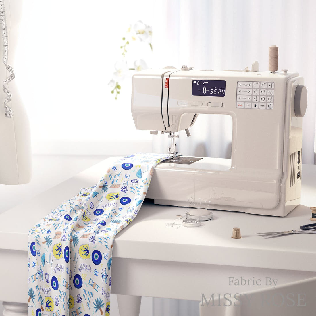 Girl and The Deep Blue Sea 91 on a sewing machine - premium fabric for sewing projects | Fabric by Missy Rose