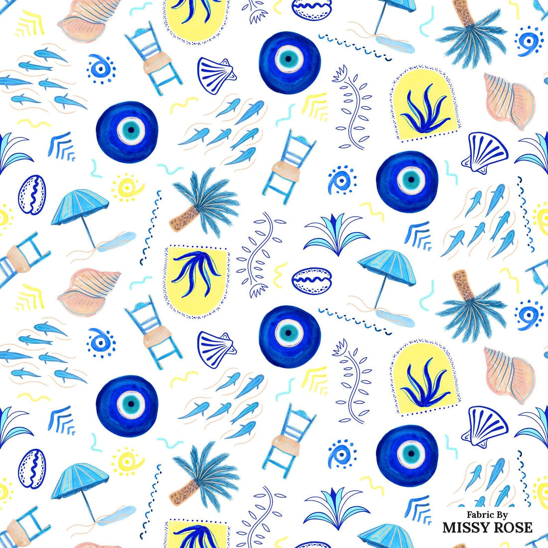 Girl and The Deep Blue Sea 91 - flat view of the print, zoom in for detail | Fabric by Missy Rose