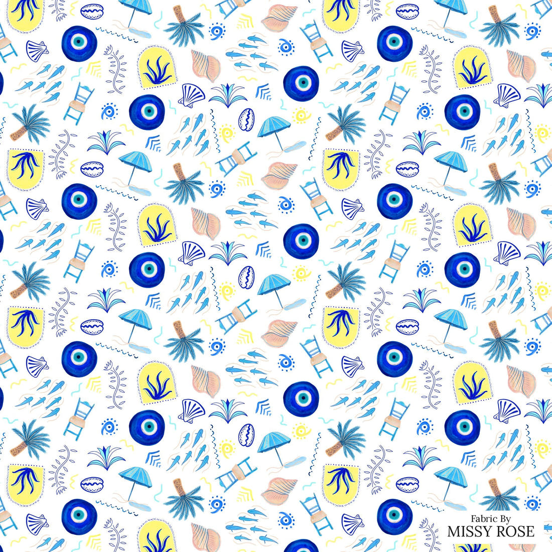Girl and The Deep Blue Sea 91 - flat view of the print, zoom in for detail | Fabric by Missy Rose