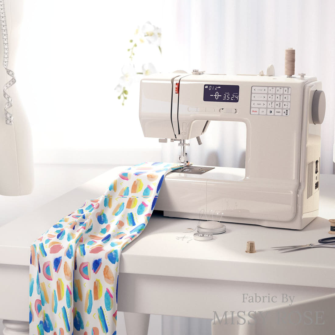 Girl and The Deep Blue Sea 92 on a sewing machine - premium fabric for sewing projects | Fabric by Missy Rose