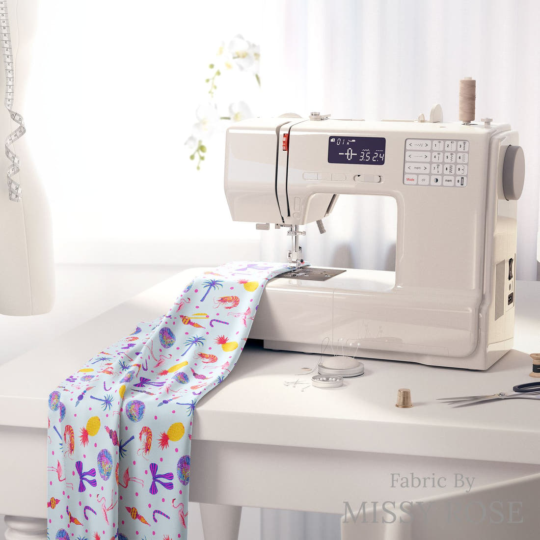 Girl and The Deep Blue Sea 93 on a sewing machine - premium fabric for sewing projects | Fabric by Missy Rose