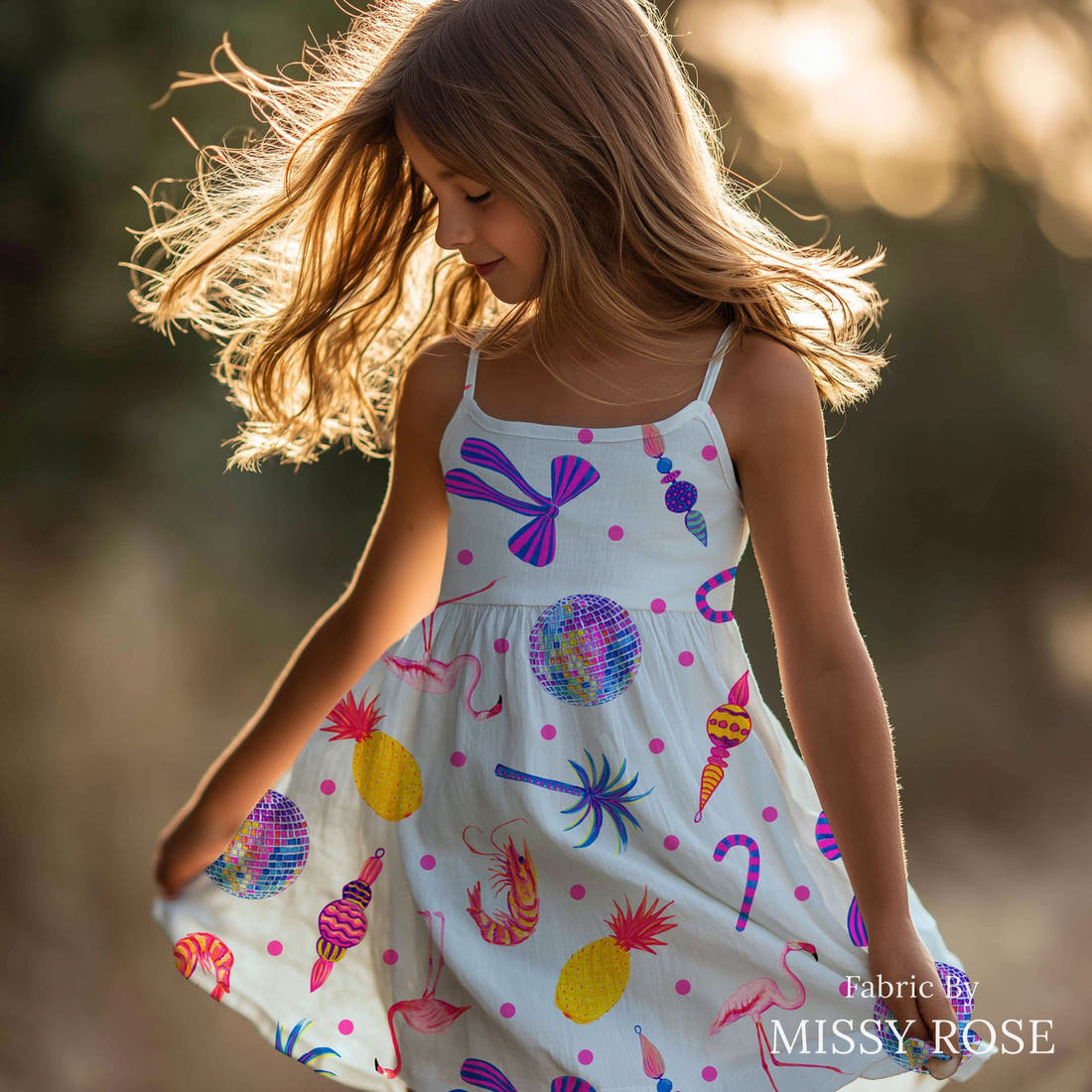 Girl and The Deep Blue Sea 93 sewn into a girls' dress - see how the print looks made up | Fabric by Missy Rose
