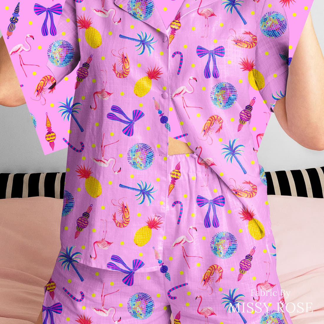 Girl and The Deep Blue Sea 94 sewn into a women's pyjama set - see how the print looks made up | Fabric by Missy Rose