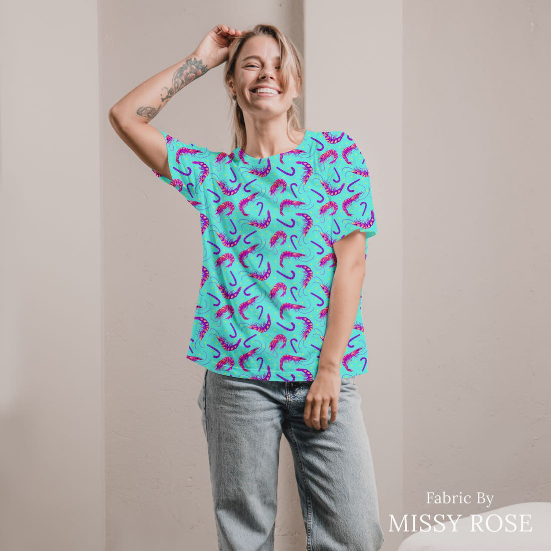 Girl and The Deep Blue Sea 96 sewn into an all-over print shirt - see how the print looks made up | Fabric by Missy Rose