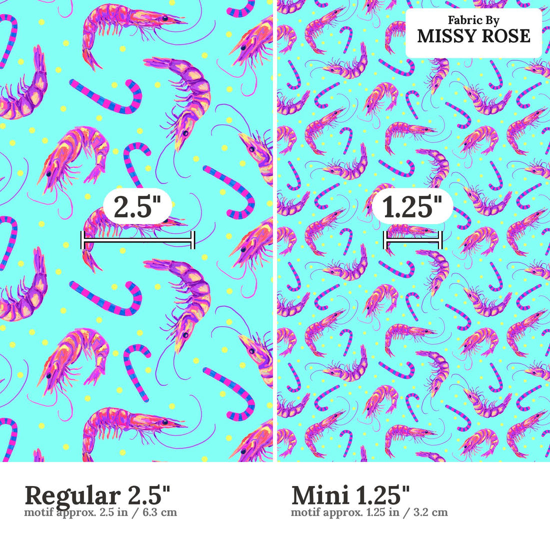 Girl and The Deep Blue Sea 96 Regular 2.5 inch vs Mini 1.25 inch print scale side by side | Fabric by Missy Rose