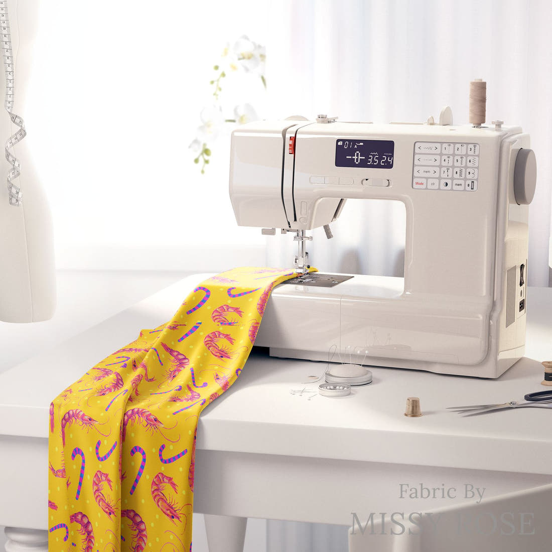 Girl and The Deep Blue Sea 97 on a sewing machine - premium fabric for sewing projects | Fabric by Missy Rose