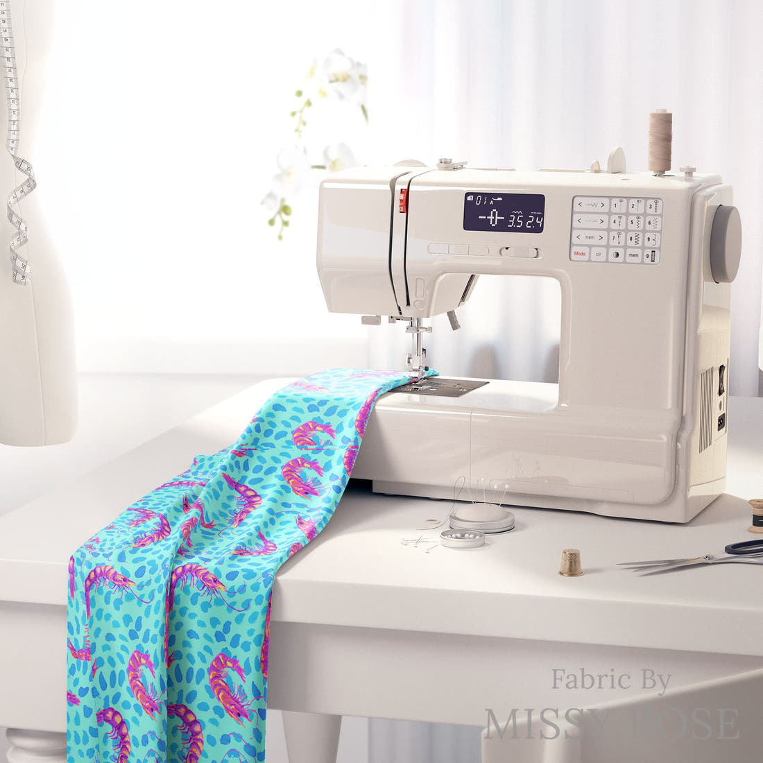 Girl and The Deep Blue Sea 98 on a sewing machine - premium fabric for sewing projects | Fabric by Missy Rose