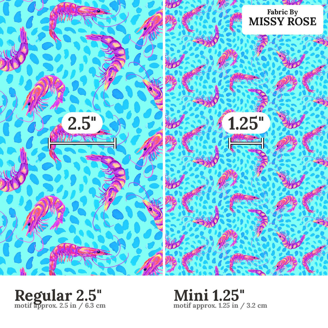 Girl and The Deep Blue Sea 98 Regular 2.5 inch vs Mini 1.25 inch print scale side by side | Fabric by Missy Rose