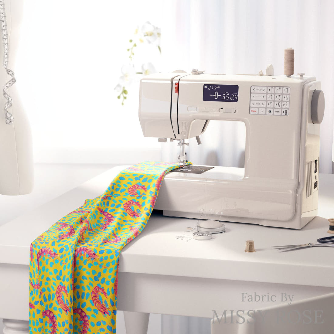 Girl and The Deep Blue Sea 99 on a sewing machine - premium fabric for sewing projects | Fabric by Missy Rose