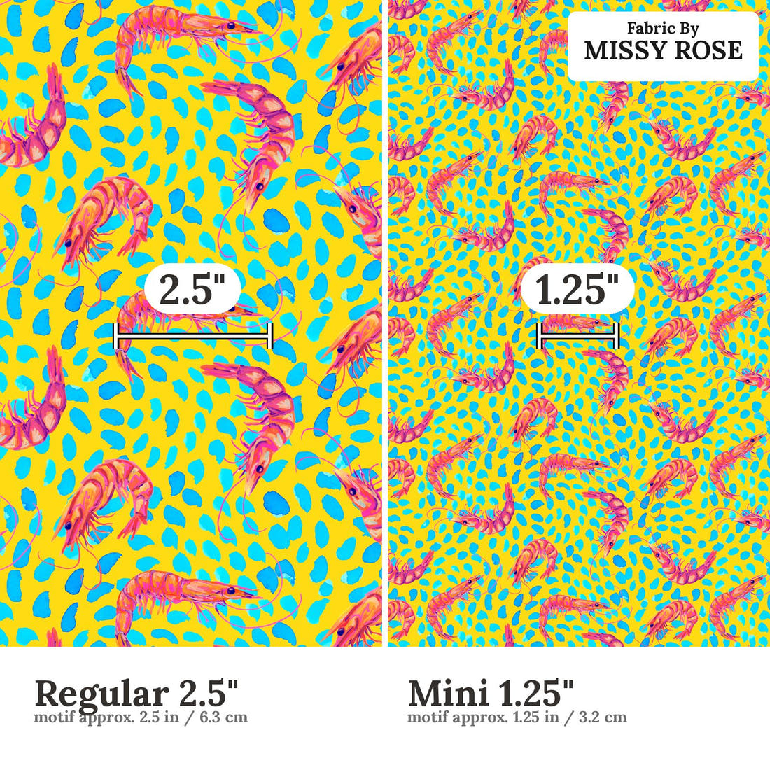 Girl and The Deep Blue Sea 99 Regular 2.5 inch vs Mini 1.25 inch print scale side by side | Fabric by Missy Rose