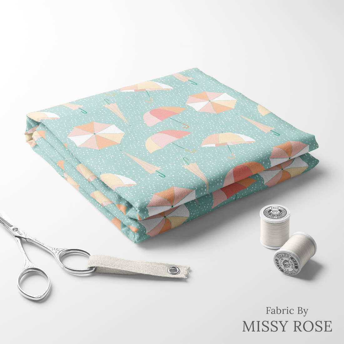 Indy Bloom Fabric April Showers Umbrella Rain 08 folded fabric stack with matching thread - pre-order fabric Australia | Fabric by Missy Rose