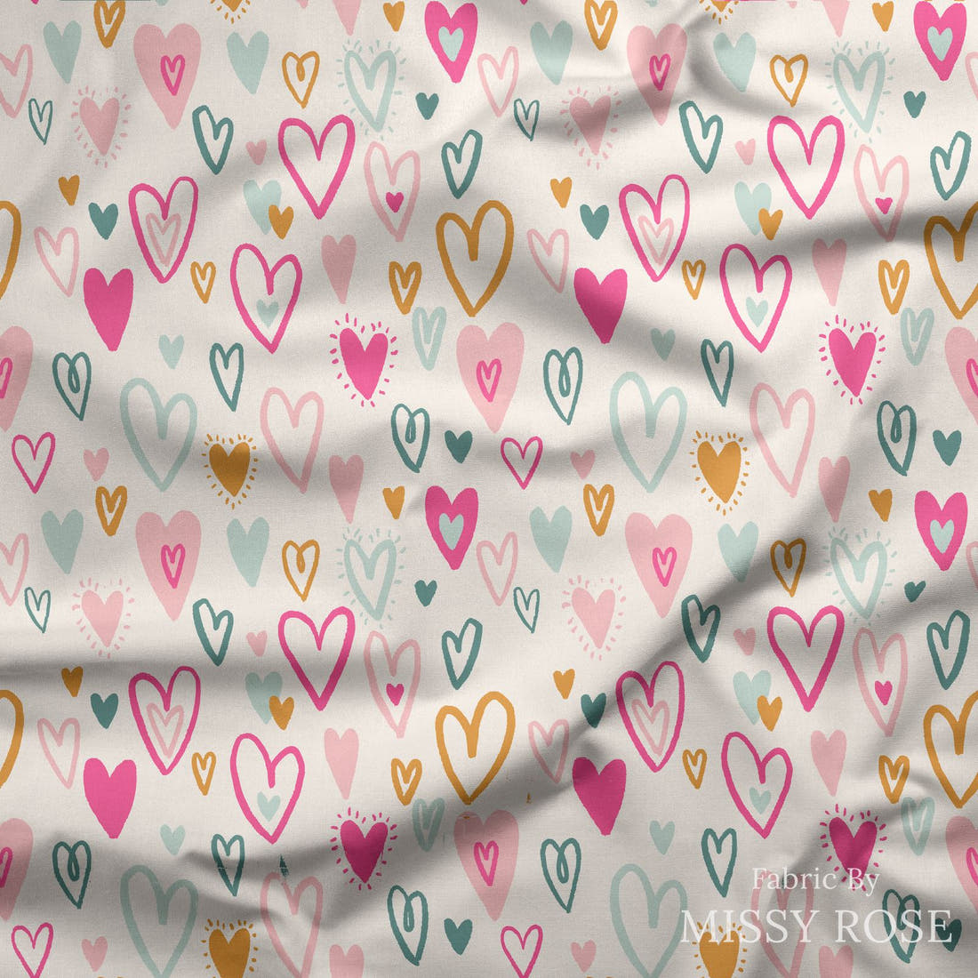 Indy Bloom Fabric Bee My Valentine Bursting Hearts in Pink 08 draped fabric mockup - custom printed fabric by the metre | Fabric by Missy Rose