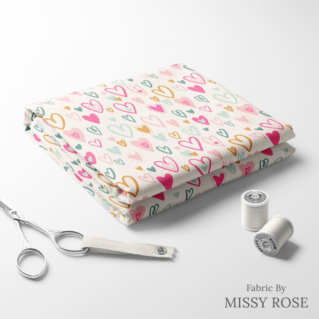 Indy Bloom Fabric Bee My Valentine Bursting Hearts in Pink 08 folded fabric stack with matching thread - pre-order fabric Australia | Fabric by Missy Rose