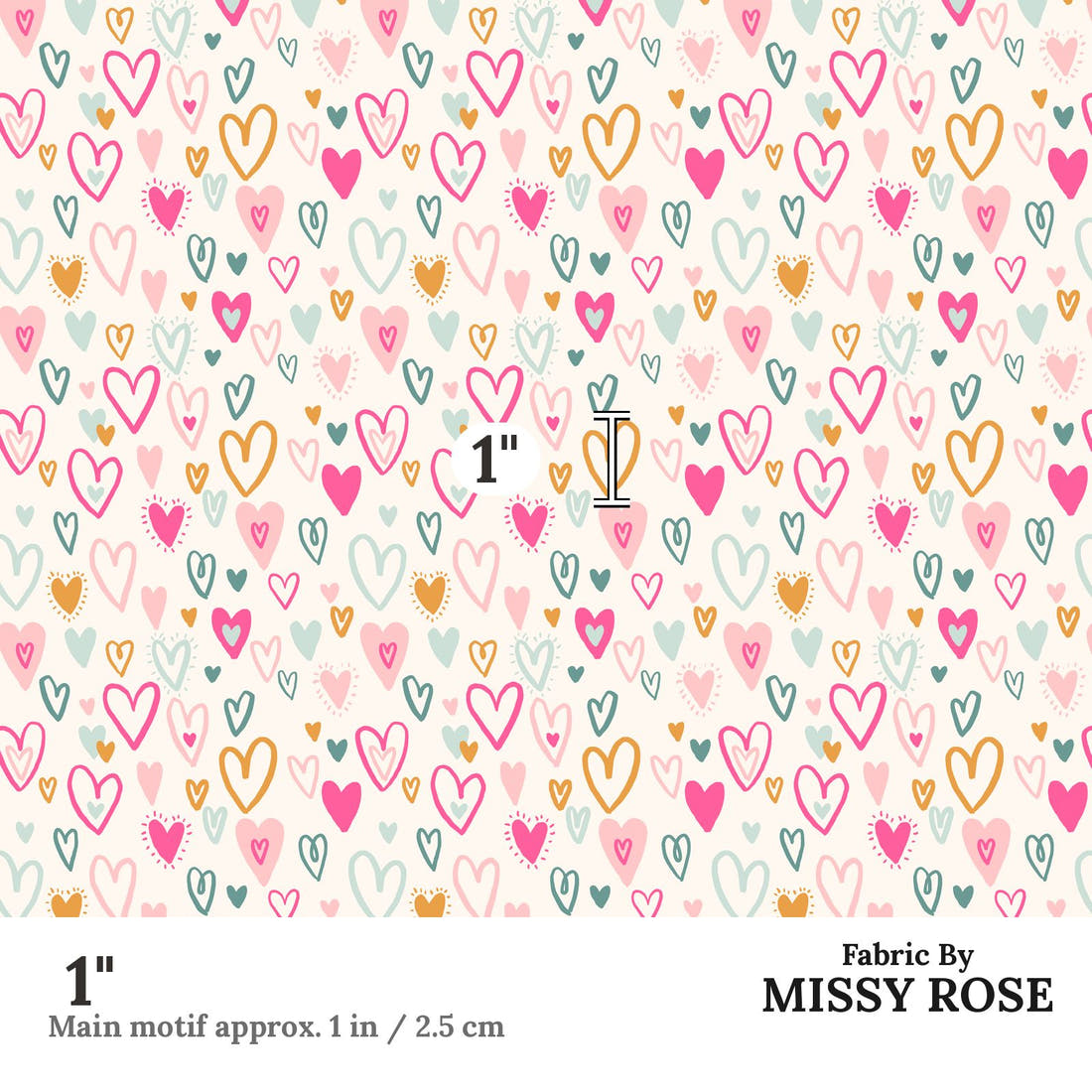 Indy Bloom Fabric Bee My Valentine Bursting Hearts in Pink 08 1 inch print scale guide | Fabric by Missy Rose