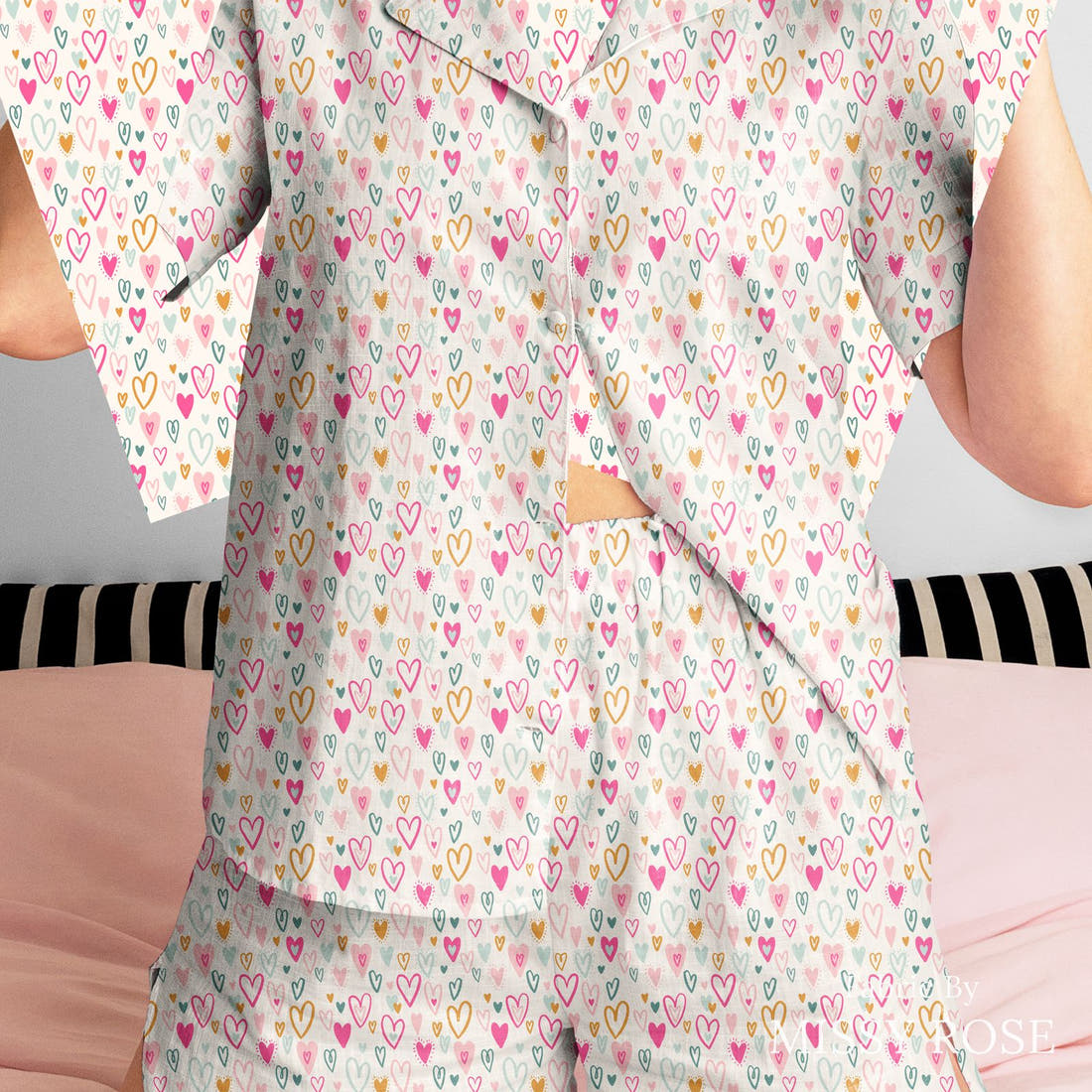 Indy Bloom Fabric Bee My Valentine Bursting Hearts in Pink 08 sewn into a women's pyjama set - custom printed fabric | Fabric by Missy Rose