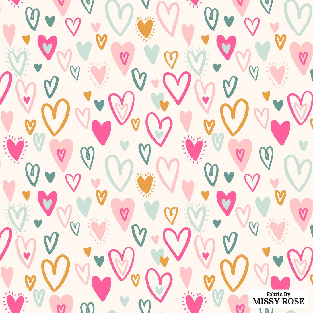 Indy Bloom Fabric Bee My Valentine Bursting Hearts in Pink 08 flat view of the printed design | Fabric by Missy Rose