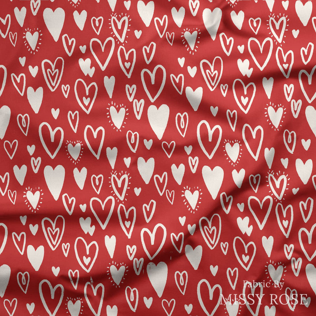 Indy Bloom Fabric Bee My Valentine Bursting Hearts in Red 09 draped fabric mockup - custom printed fabric by the metre | Fabric by Missy Rose