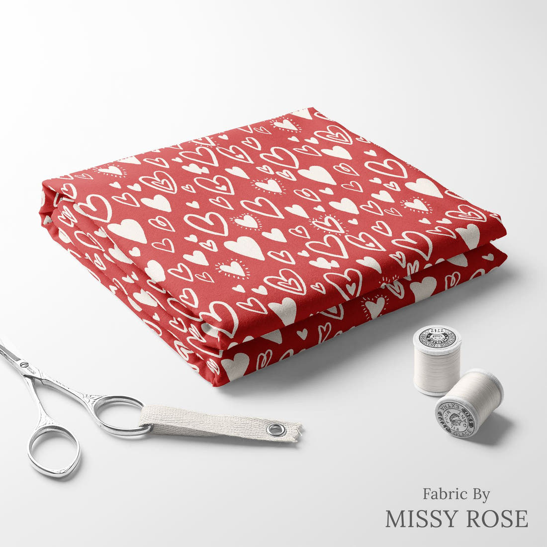 Indy Bloom Fabric Bee My Valentine Bursting Hearts in Red 09 folded fabric stack with matching thread - pre-order fabric Australia | Fabric by Missy Rose