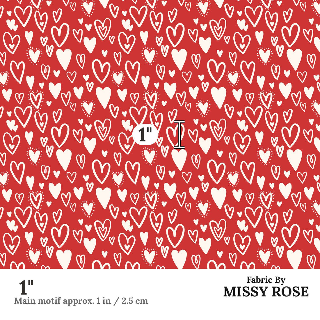 Indy Bloom Fabric Bee My Valentine Bursting Hearts in Red 09 1 inch print scale guide | Fabric by Missy Rose