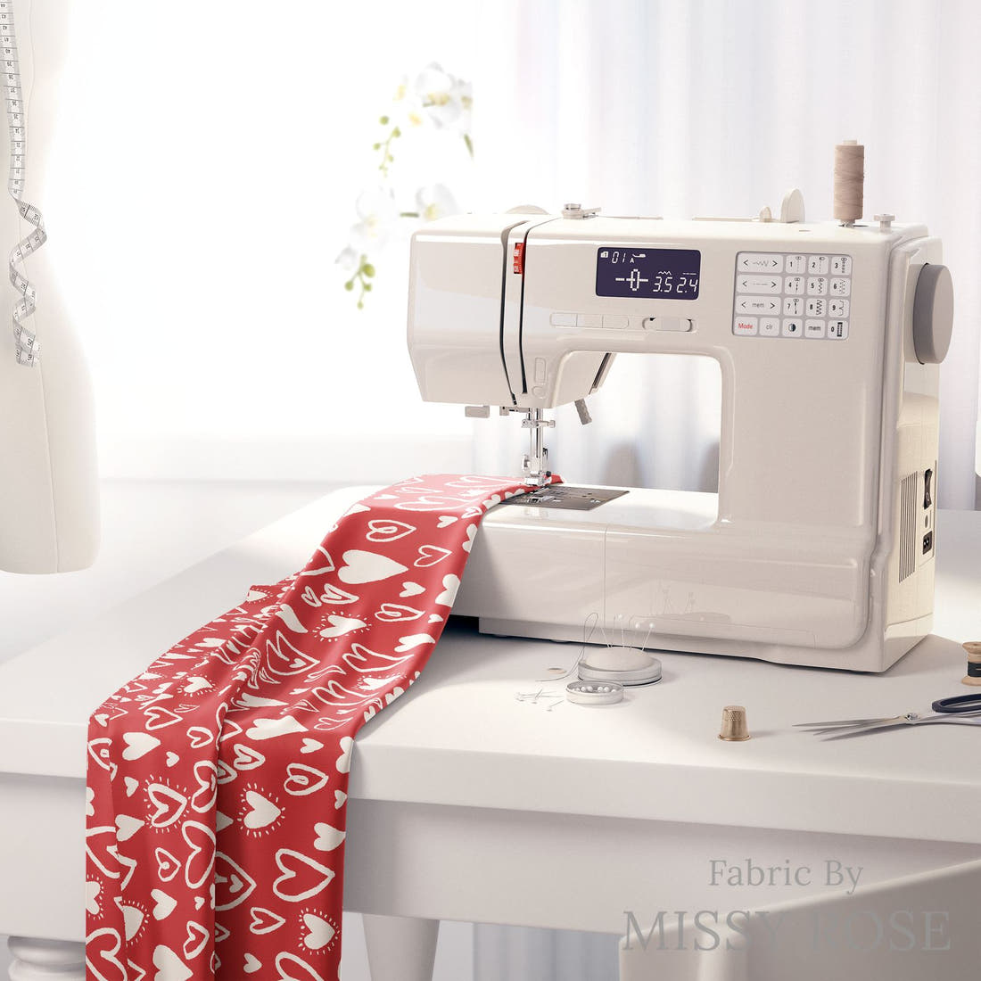 Indy Bloom Fabric Bee My Valentine Bursting Hearts in Red 09 fabric on a sewing machine - sew your own | Fabric by Missy Rose