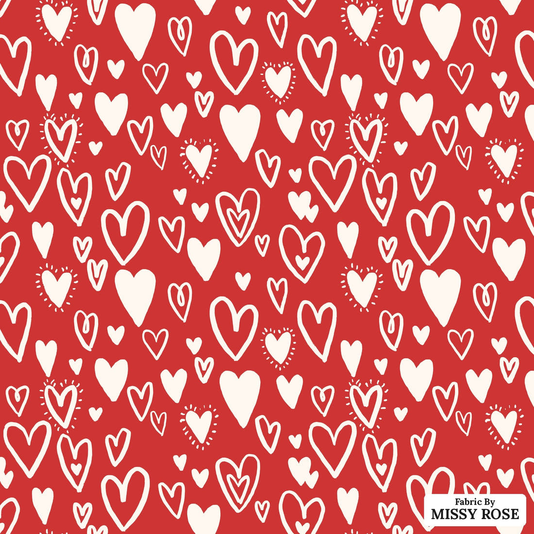Indy Bloom Fabric Bee My Valentine Bursting Hearts in Red 09 flat view of the printed design | Fabric by Missy Rose