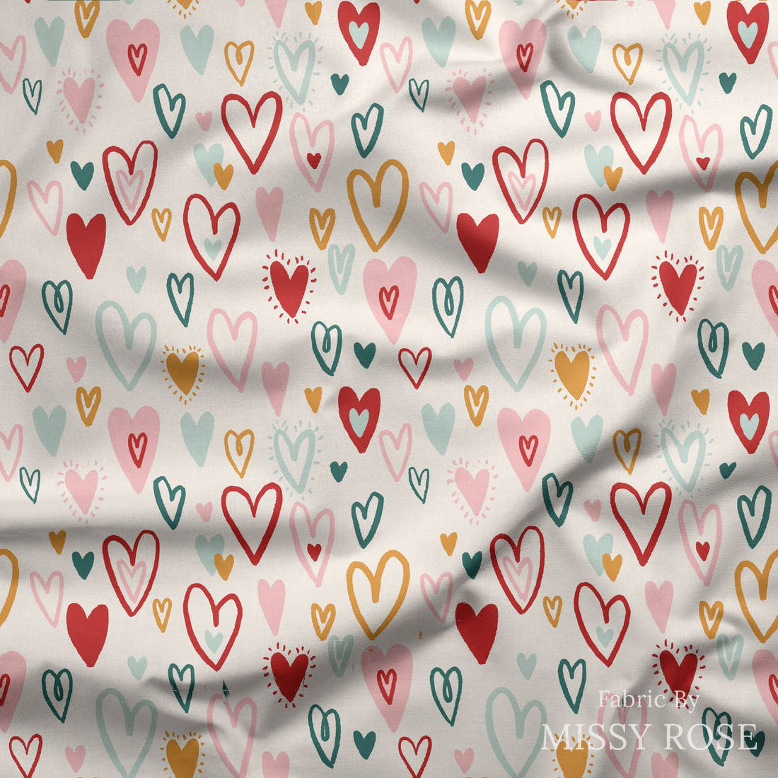 Indy Bloom Fabric Bee My Valentine Bursting Hearts in Valentines 11 draped fabric mockup - custom printed fabric by the metre | Fabric by Missy Rose