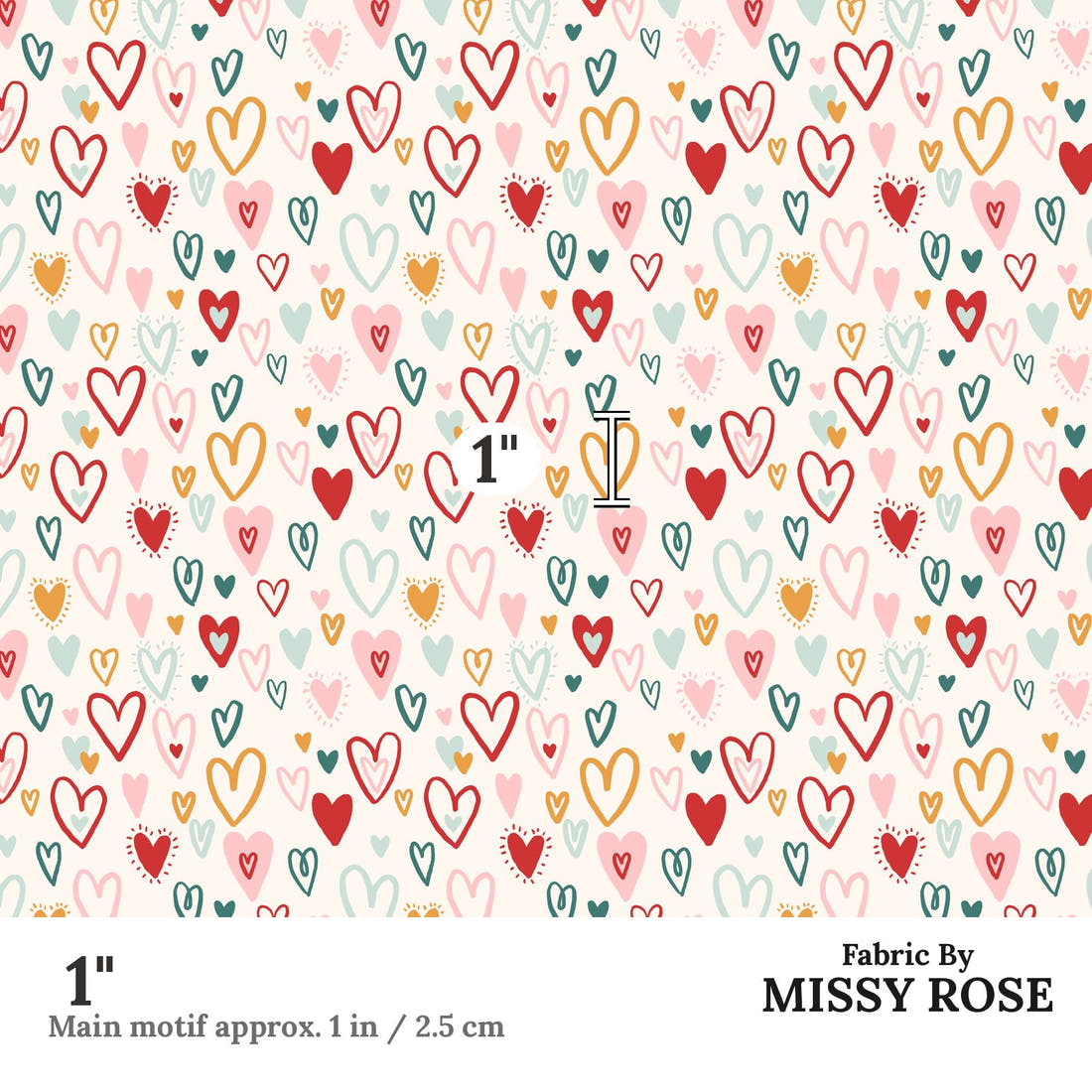 Indy Bloom Fabric Bee My Valentine Bursting Hearts in Valentines 11 1 inch print scale guide | Fabric by Missy Rose