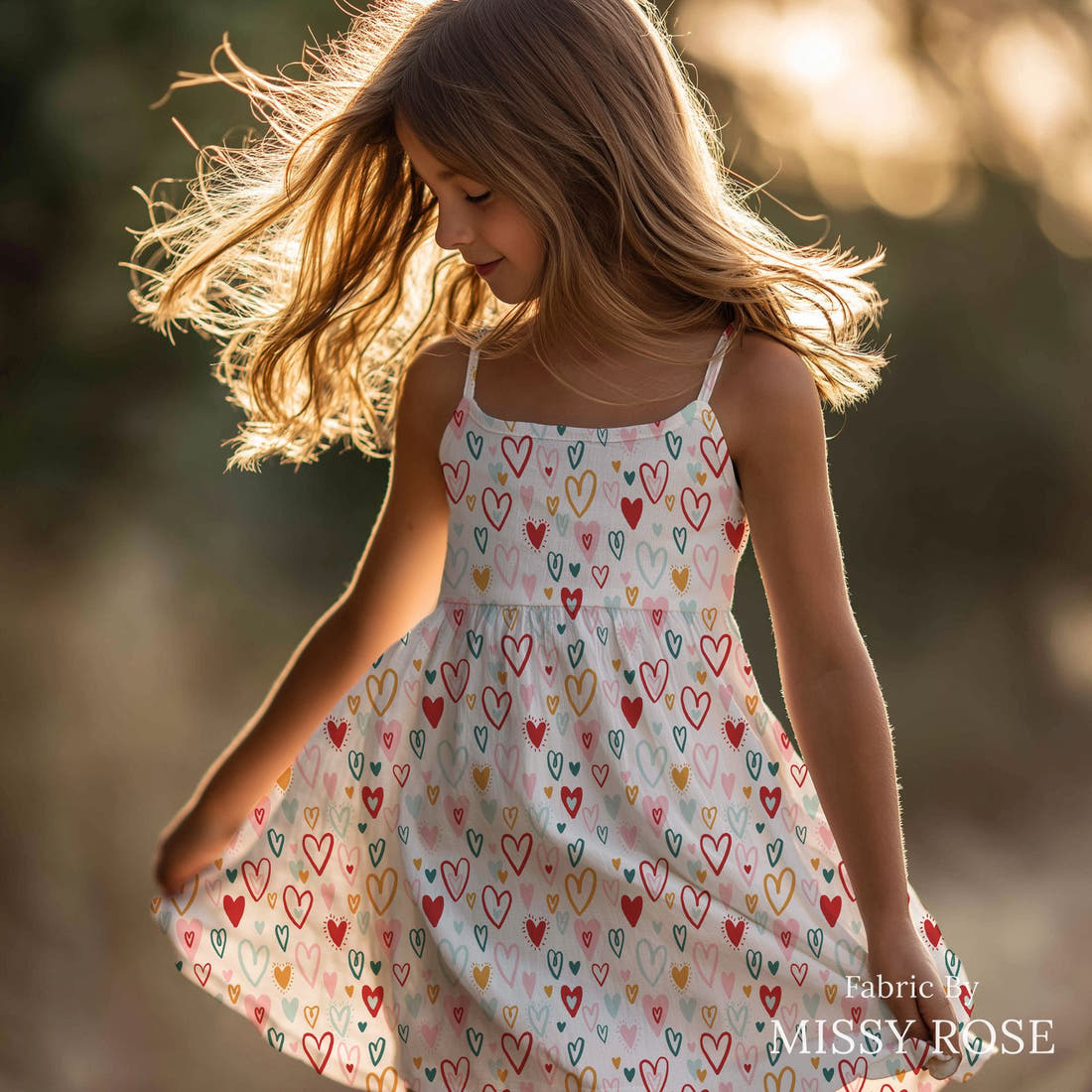Indy Bloom Fabric Bee My Valentine Bursting Hearts in Valentines 11 sewn into a girls' dress - custom printed fabric | Fabric by Missy Rose