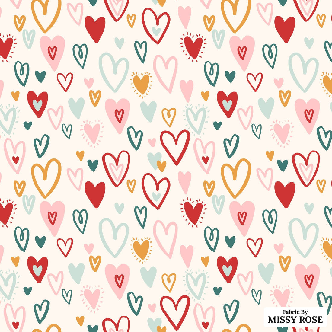 Indy Bloom Fabric Bee My Valentine Bursting Hearts in Valentines 11 flat view of the printed design | Fabric by Missy Rose