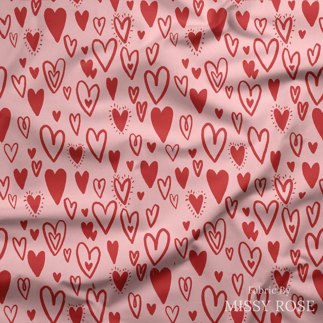 Indy Bloom Fabric Bee My Valentine Bursting Hearts in Valentines Pink 10 draped fabric mockup - custom printed fabric by the metre | Fabric by Missy Rose