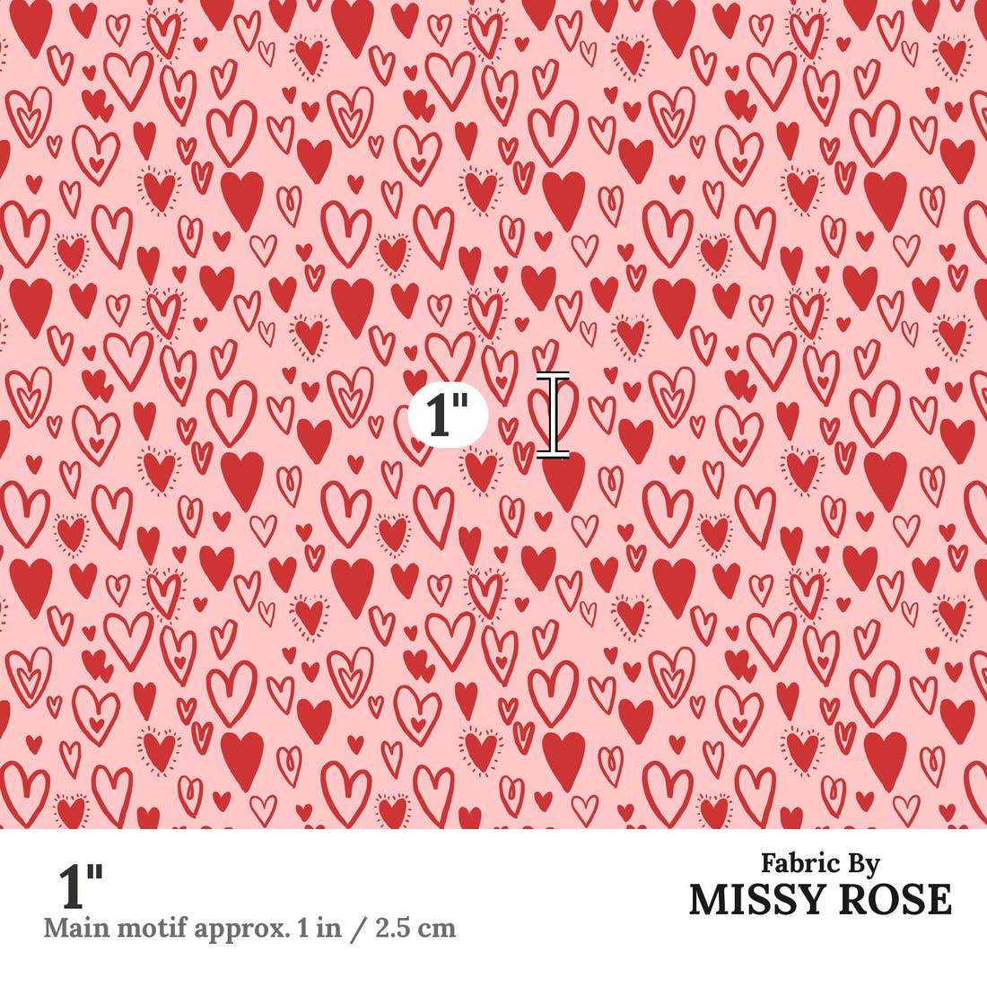 Indy Bloom Fabric Bee My Valentine Bursting Hearts in Valentines Pink 10 1 inch print scale guide | Fabric by Missy Rose