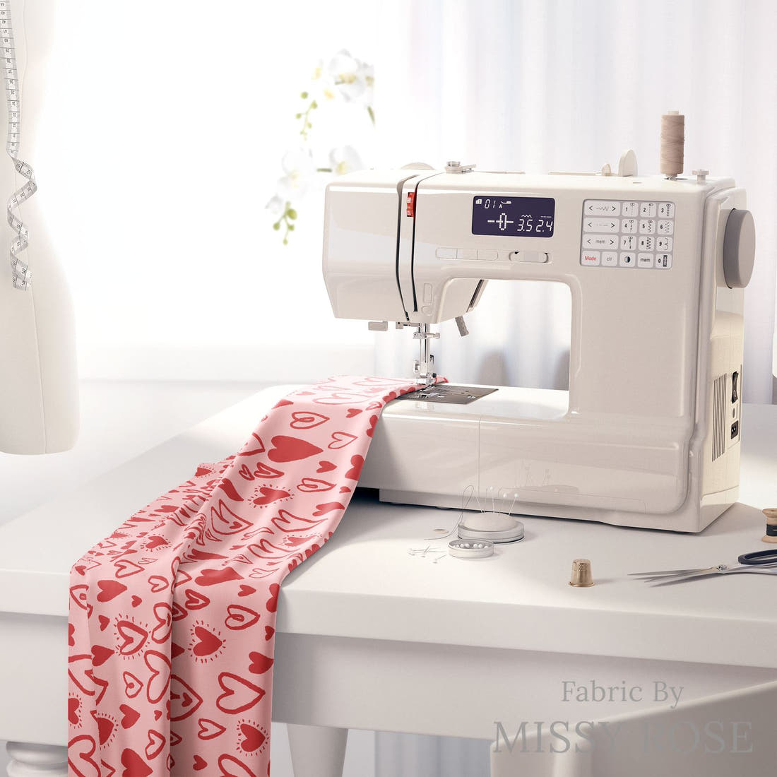Indy Bloom Fabric Bee My Valentine Bursting Hearts in Valentines Pink 10 fabric on a sewing machine - sew your own | Fabric by Missy Rose
