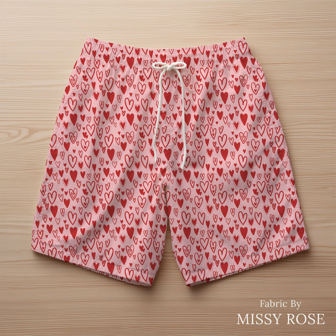 Indy Bloom Fabric Bee My Valentine Bursting Hearts in Valentines Pink 10 sewn into swim shorts - custom printed fabric | Fabric by Missy Rose
