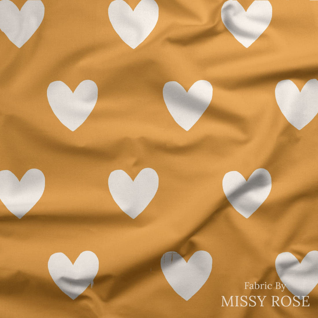 Indy Bloom Fabric Bee My Valentine Dotted Hearts in Golden 16 draped fabric mockup - custom printed fabric by the metre | Fabric by Missy Rose