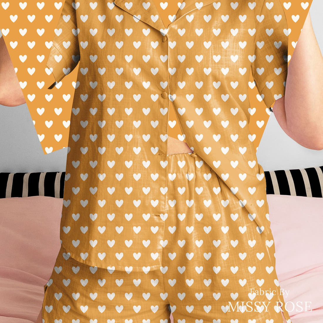 Indy Bloom Fabric Bee My Valentine Dotted Hearts in Golden 16 sewn into a women's pyjama set - custom printed fabric | Fabric by Missy Rose