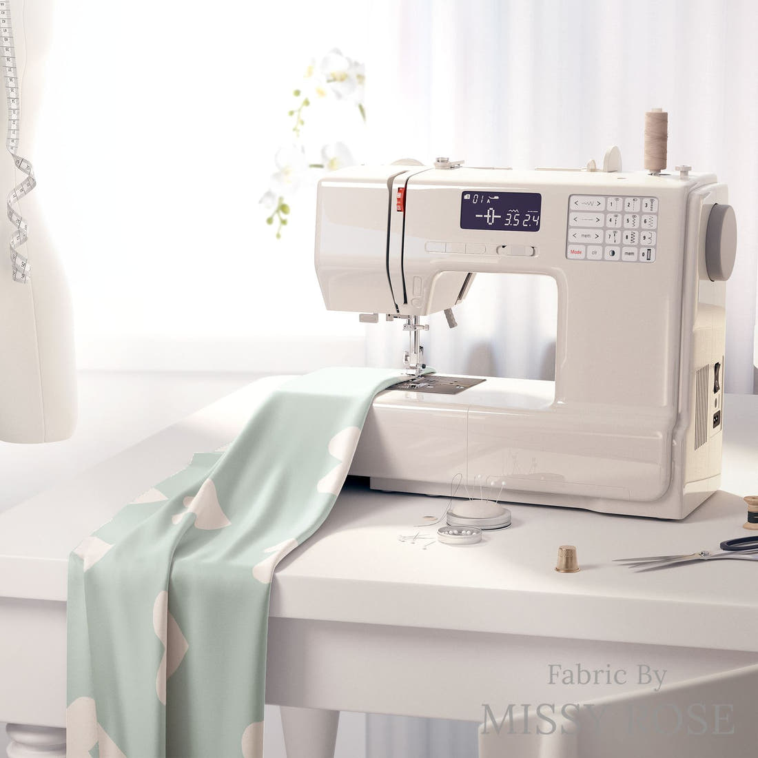 Indy Bloom Fabric Bee My Valentine Dotted Hearts in Mint 18 fabric on a sewing machine - sew your own | Fabric by Missy Rose