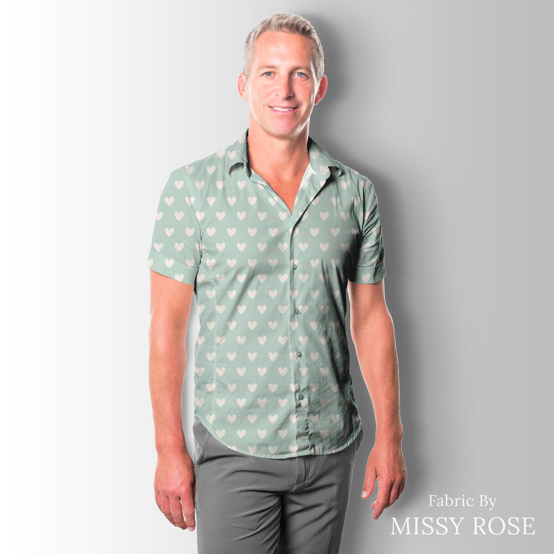 Indy Bloom Fabric Bee My Valentine Dotted Hearts in Mint 18 sewn into a men's shirt - custom printed fabric | Fabric by Missy Rose