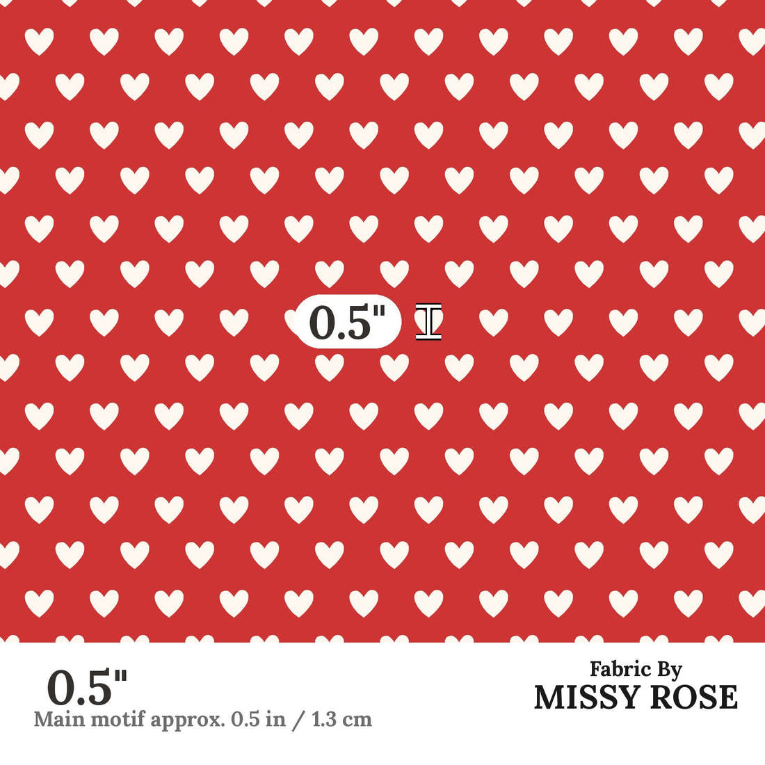 Indy Bloom Fabric Bee My Valentine Dotted Hearts in Red 19 0.5 inch print scale guide | Fabric by Missy Rose