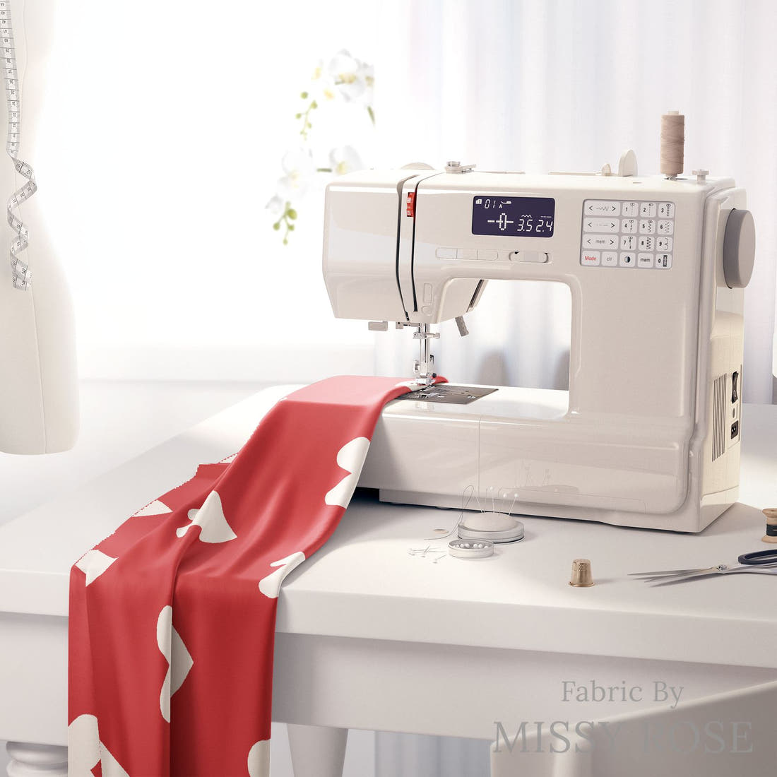Indy Bloom Fabric Bee My Valentine Dotted Hearts in Red 19 fabric on a sewing machine - sew your own | Fabric by Missy Rose