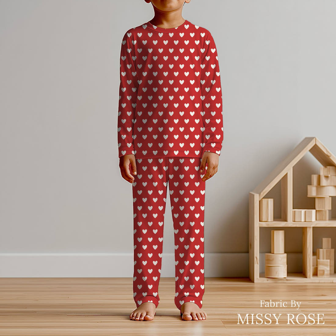 Indy Bloom Fabric Bee My Valentine Dotted Hearts in Red 19 sewn into kids' pyjamas - custom printed fabric | Fabric by Missy Rose
