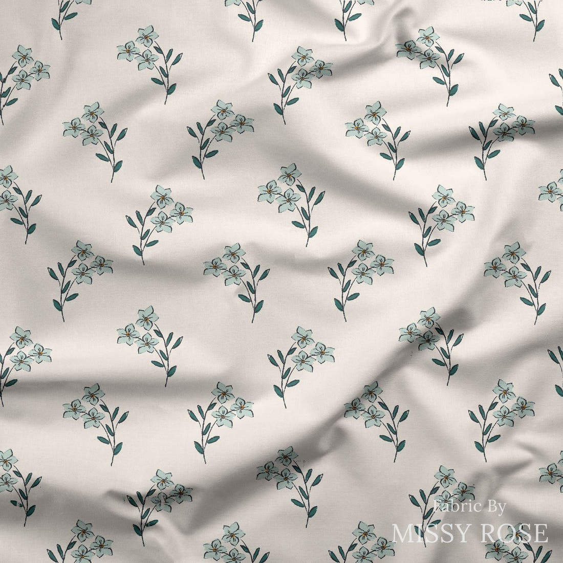 Indy Bloom Fabric Bee My Valentine Forget Me Not In Blue 03 draped fabric mockup - custom printed fabric by the metre | Fabric by Missy Rose