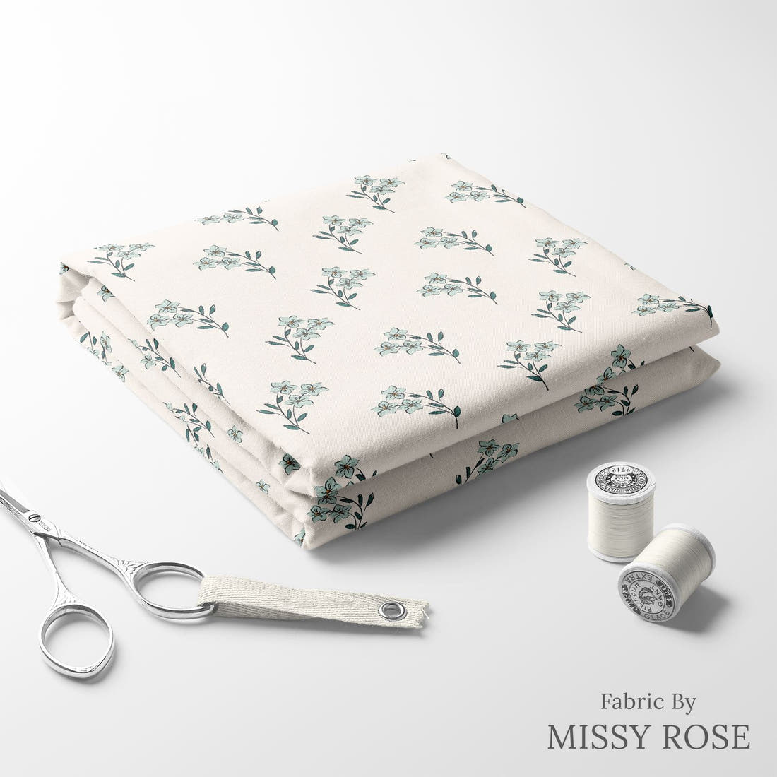 Indy Bloom Fabric Bee My Valentine Forget Me Not In Blue 03 folded fabric stack with matching thread - pre-order fabric Australia | Fabric by Missy Rose