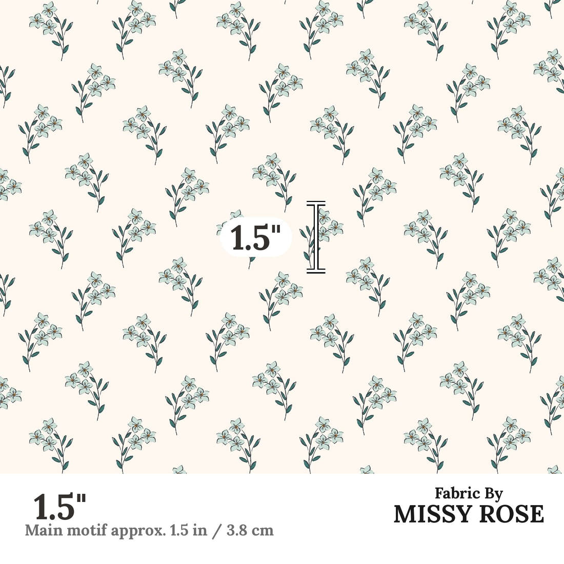Indy Bloom Fabric Bee My Valentine Forget Me Not In Blue 03 1.5 inch print scale guide | Fabric by Missy Rose