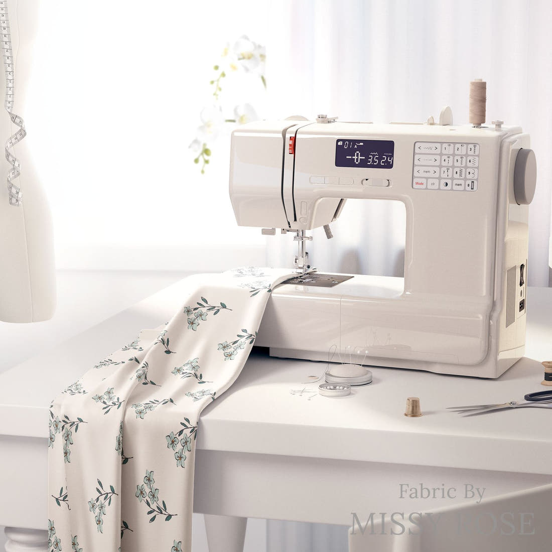 Indy Bloom Fabric Bee My Valentine Forget Me Not In Blue 03 fabric on a sewing machine - sew your own | Fabric by Missy Rose