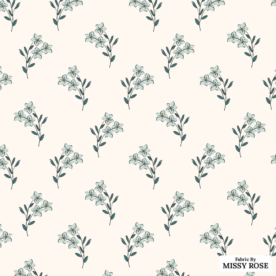 Indy Bloom Fabric Bee My Valentine Forget Me Not In Blue 03 flat view of the printed design | Fabric by Missy Rose