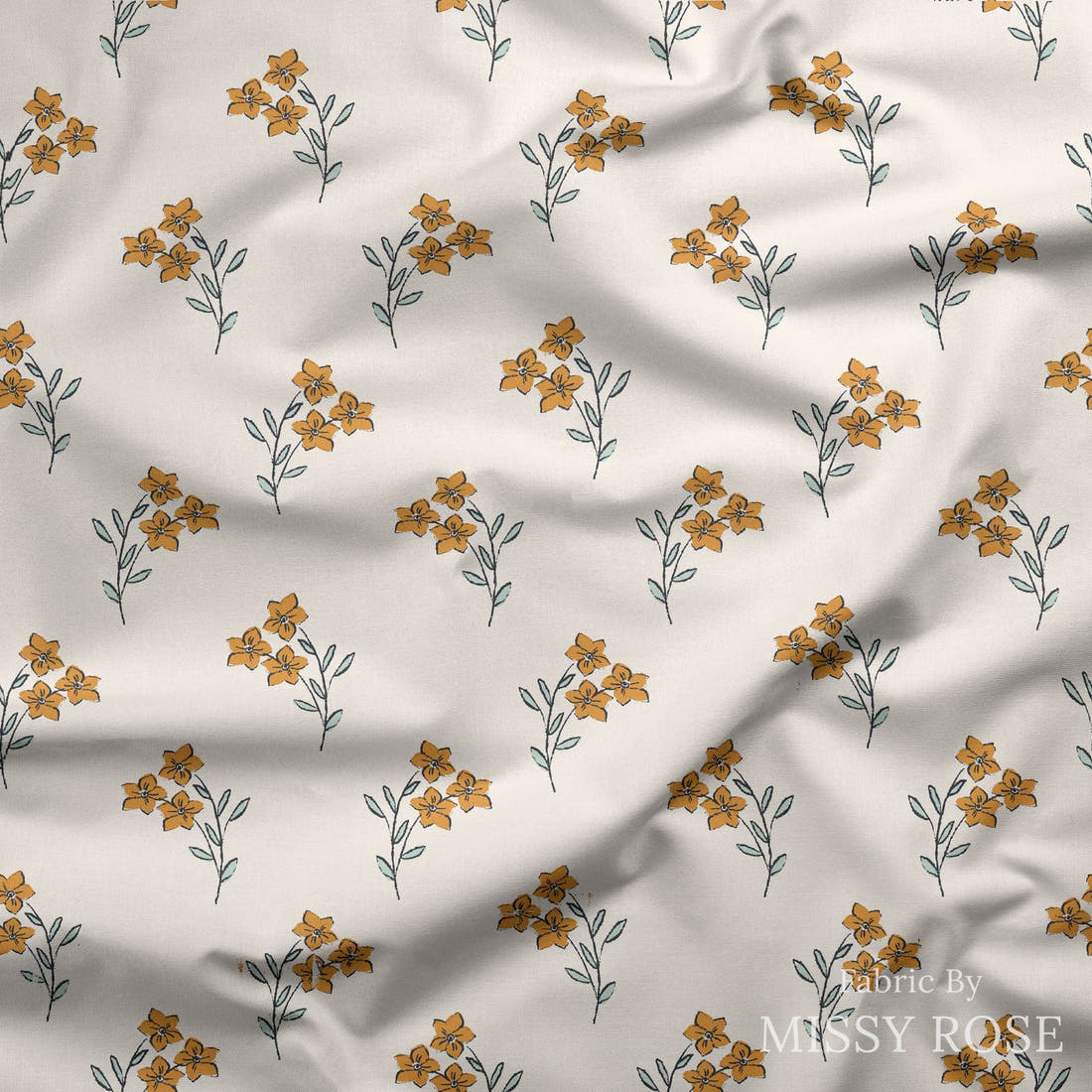 Indy Bloom Fabric Bee My Valentine Forget Me Not In Golden 04 draped fabric mockup - custom printed fabric by the metre | Fabric by Missy Rose