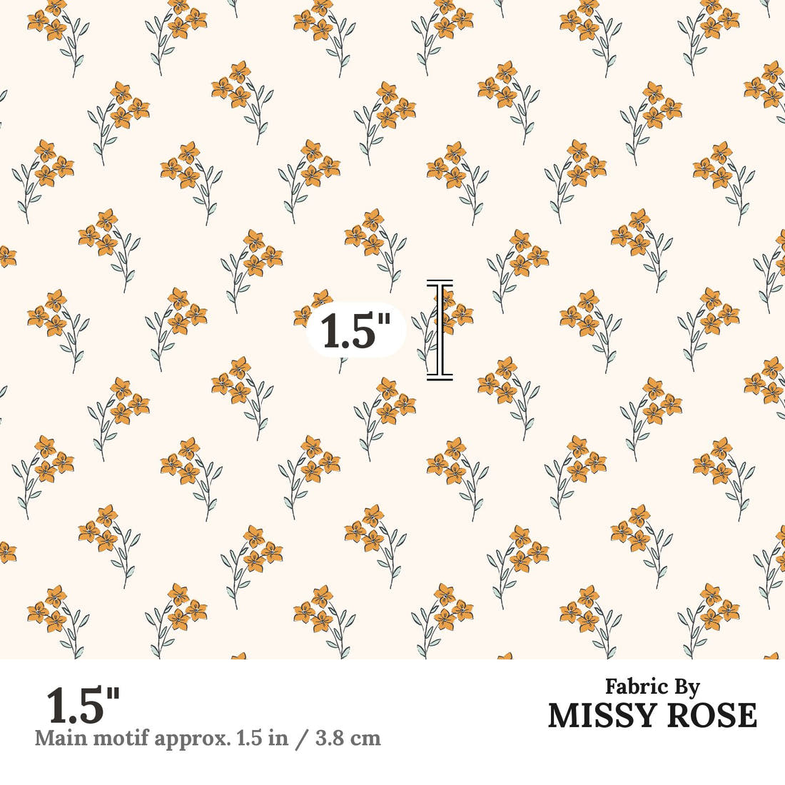 Indy Bloom Fabric Bee My Valentine Forget Me Not In Golden 04 1.5 inch print scale guide | Fabric by Missy Rose