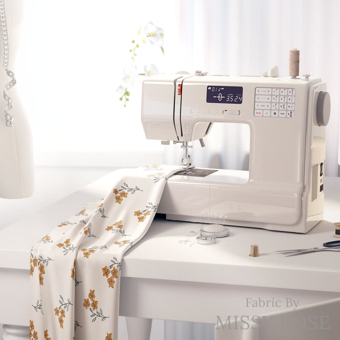 Indy Bloom Fabric Bee My Valentine Forget Me Not In Golden 04 fabric on a sewing machine - sew your own | Fabric by Missy Rose